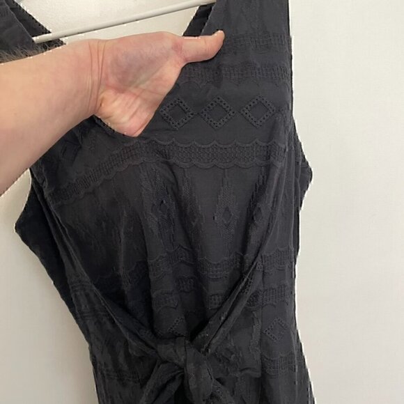 REBECCA TAYLOR Tie Embroidered Gauze Dress Black Geo Eyelet Boho Midi Fit Flare - Picture 8 of 16